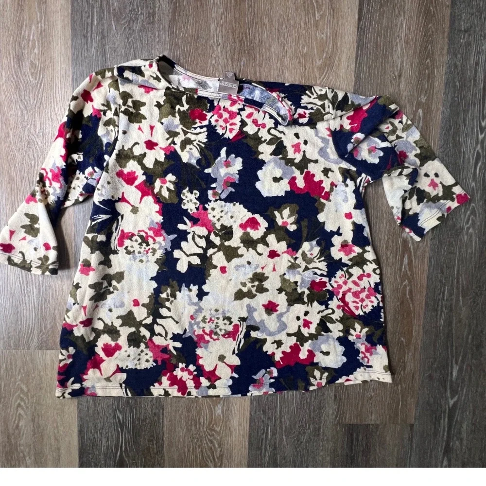 Chico's Floral Knit Top Women‎ 3 XL Multi-Color 3/4 Sleeve Boat Neck Botanical
